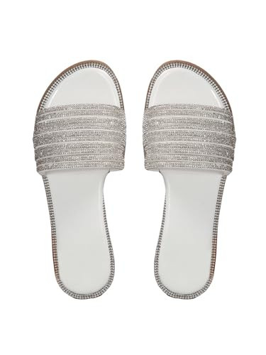 GORGLITTER Rhinestone Sparkly Sandals Dressy Slip on Summer Casual Flat Sandals Glitter Open Toe Slides Sparkly White 9.5 | Amazon (US)