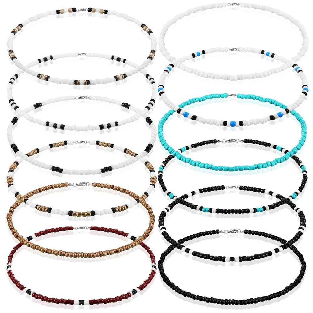 Yinkin 12 Pcs Puka Shell Necklace Beach Surfer Beaded Necklace Summer Surfer Chokers for Men Wome... | Amazon (US)