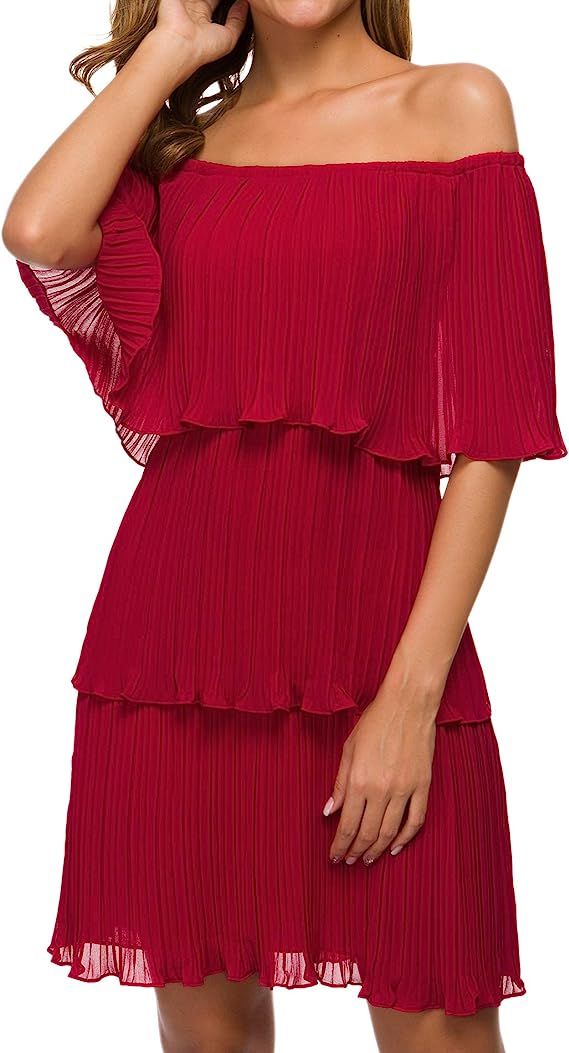 BEBPILOO Women's Off The Shoulder Mini Layered Ruffles Dress Summer Short Sleeve Loose Casual Chi... | Amazon (US)