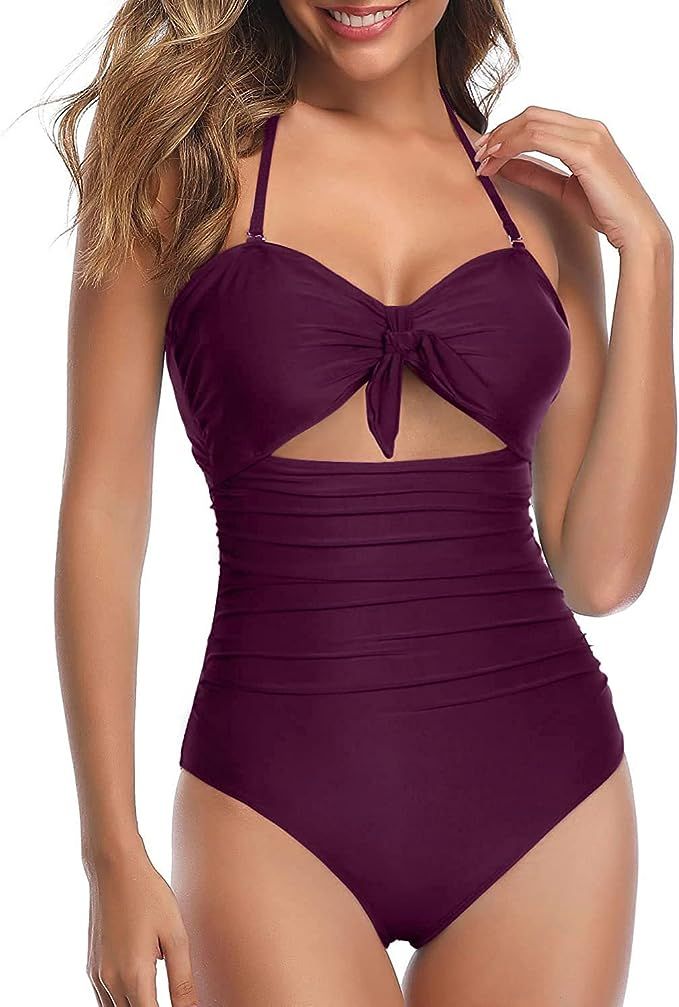 Tempt Me Women Sexy Cutout One Piece Swimsuits Tummy Control High Waisted Halter Front Tie Kn... | Amazon (US)