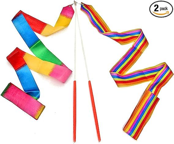 Dance Ribbons Rainbow Streamers Rhythmic Gymnastics Ribbon Baton Twirling Wands on Sticks 2pc for... | Amazon (US)