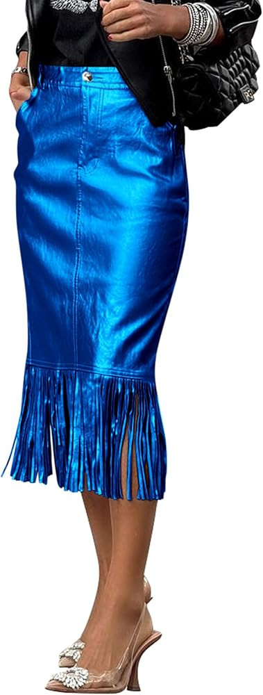 PRETTYGARDEN Women's Metallic Midi Party Skirt Casual High Waisted Fringe Shiny Y2K Long Pencil S... | Amazon (US)