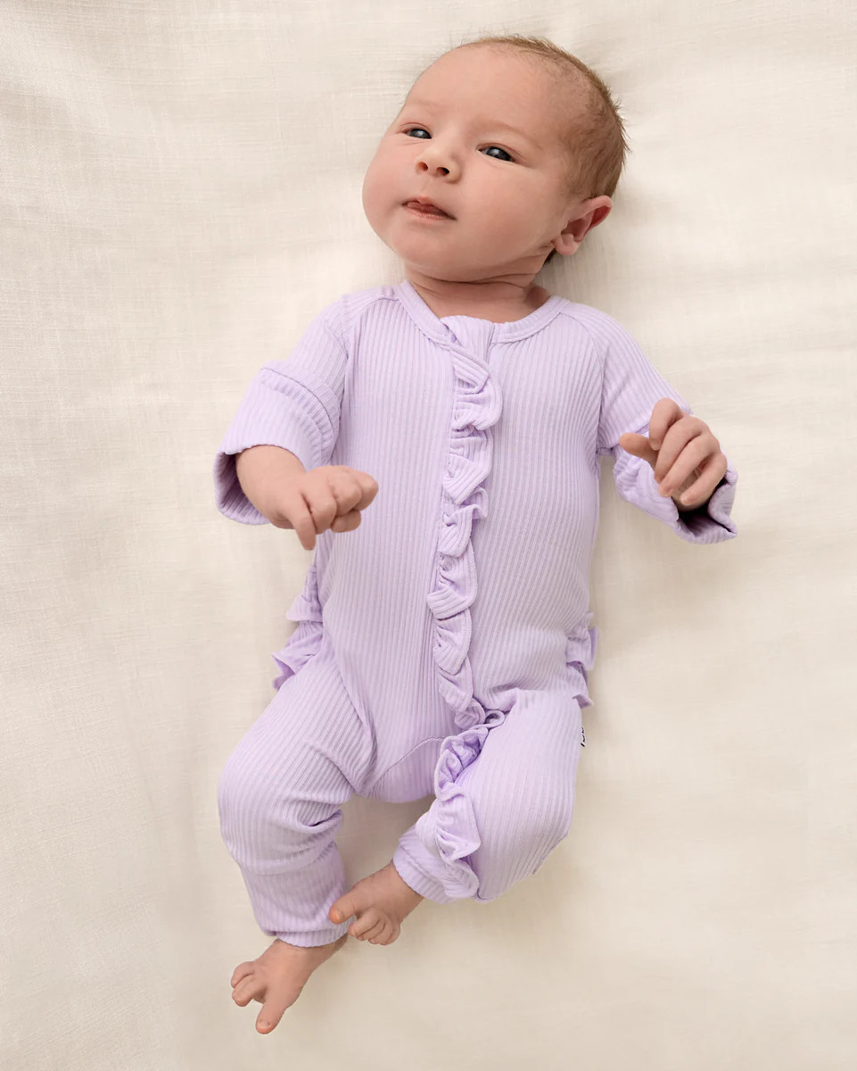 Misty Lavender Ribbed Ruffle Zippy | Little Sleepies