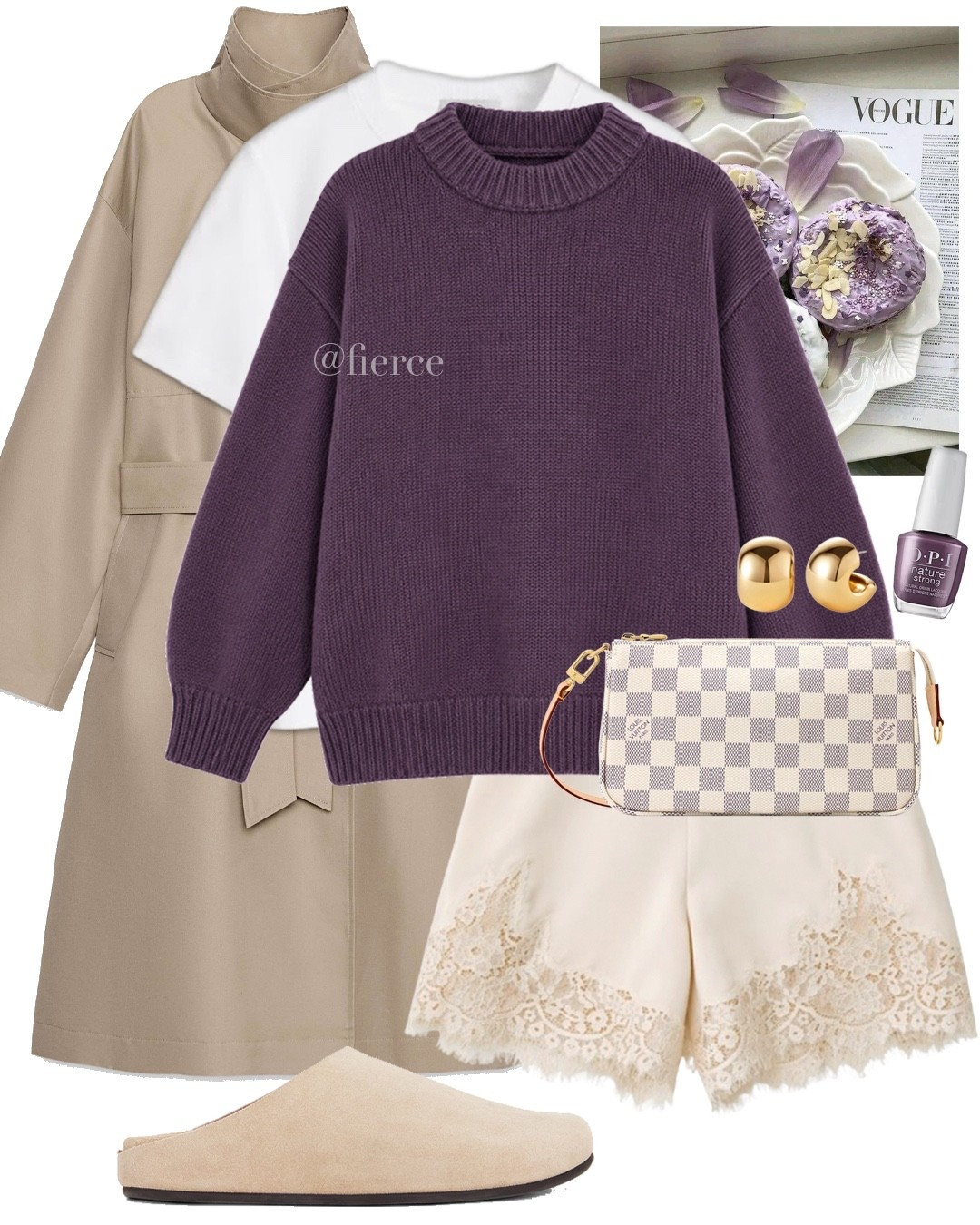 Purple jumper trench coat satin lace shorts minimalistic clogs

#LTKuk #LTKautumn #LTKeurope