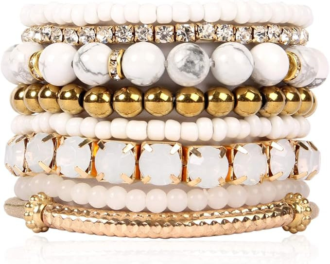 RIAH FASHION Multi Color Stretch Beaded Stackable Bracelets - Layering Bead Strand Statement Wrap... | Amazon (US)