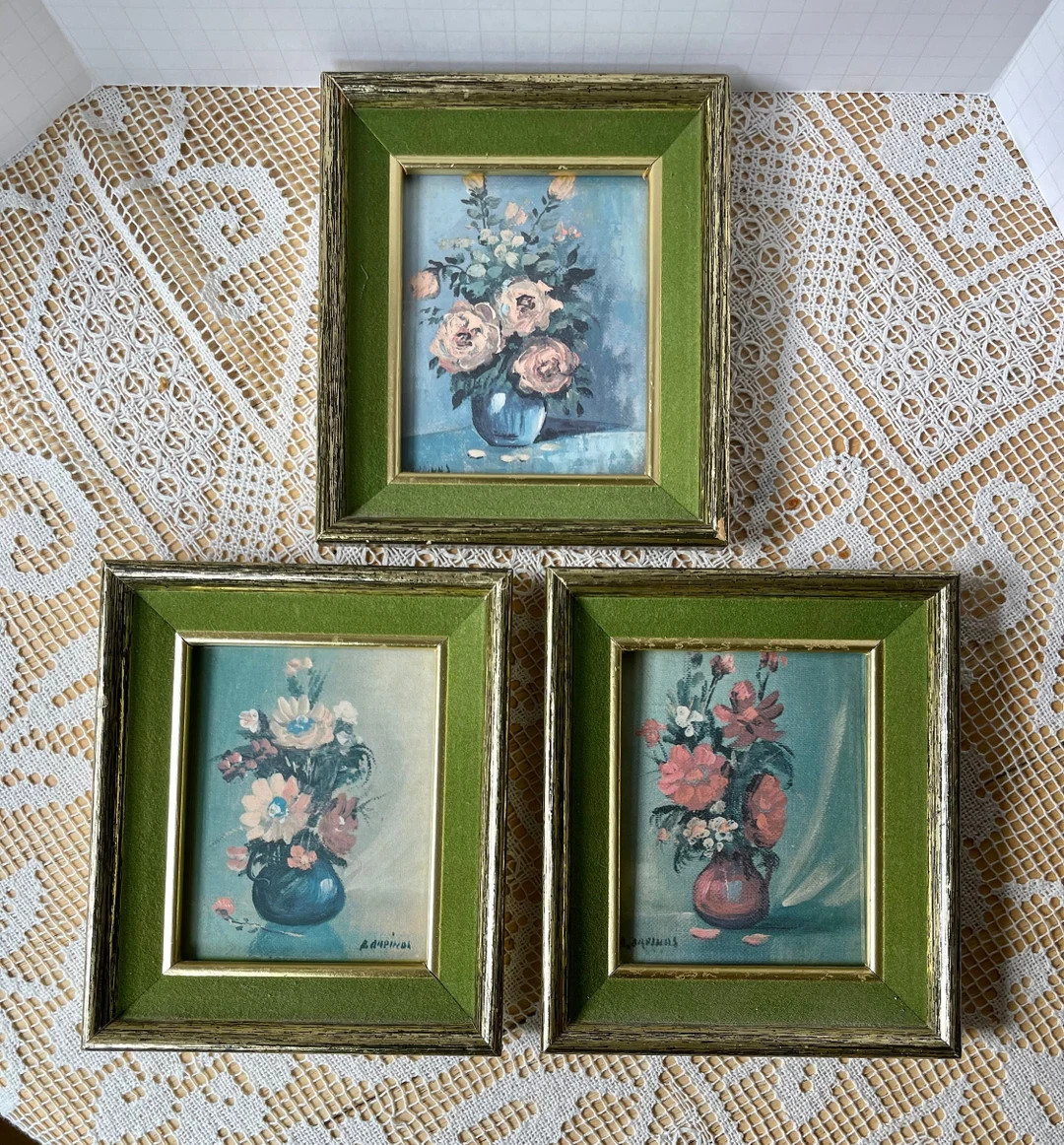 Set of 3 Small Prints. Framed Still Life behind glass. Pink & White flowers with Green leaves in ... | Etsy (US)