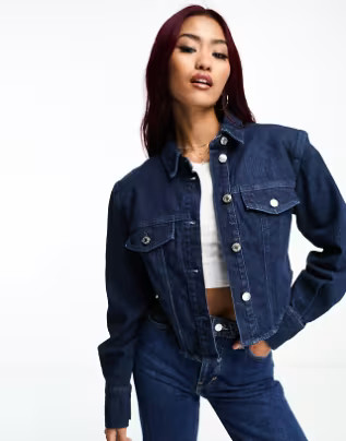 Bershka corset detail denim jacket in mid blue | ASOS (Global)