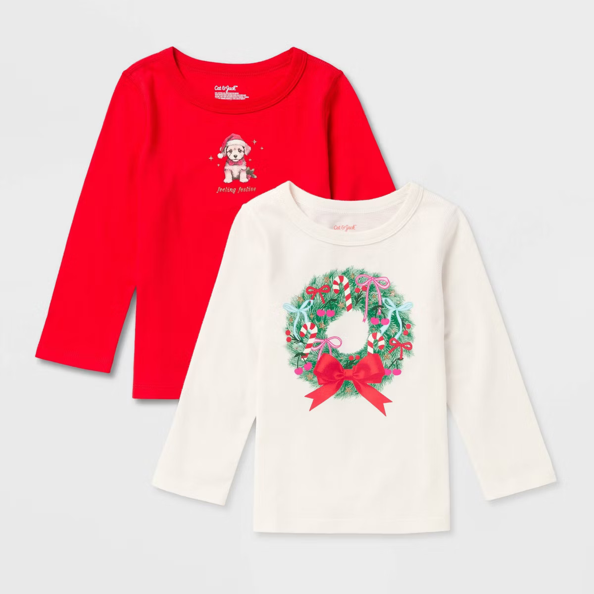 Toddlers 2pk Adaptive Long Sleeve Christmas 'Wreath/Puppy' Graphic T-Shirt - Cat & Jack™ Cream/... | Target
