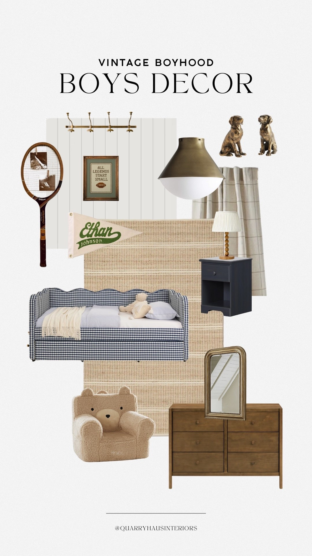 Vintage boyhood boys bedroom decor 💙 featuring vintage inspired furniture and decor and the cutest navy gingham bed! 

#LTKHome #LTKKids