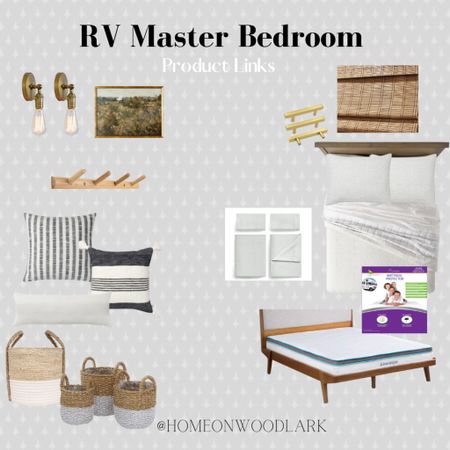 RV renovation master bedroom is moody and sophisticated.  

Target bedding.  Hearth and Hand quilt and throw.  Bamboo shade from Amazon.  Gold hardware pulls.  Modern gold industrial single sconces.  Amazon lighting.  
RV mattress cover.  RV short full sheet set.  Minimalist bamboo hooks.  Neutral bedding and throw pillows.  Pillow shams.  Baskets.  Linen spa mattress.  Gold framed art.  

#LTKhome #LTKunder50
