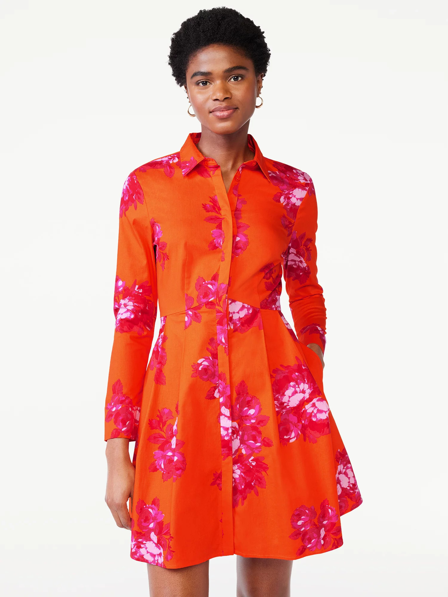 Scoop Women's Long Sleeve Fit and Flare Poplin Short Shirt Dress | Walmart (US)