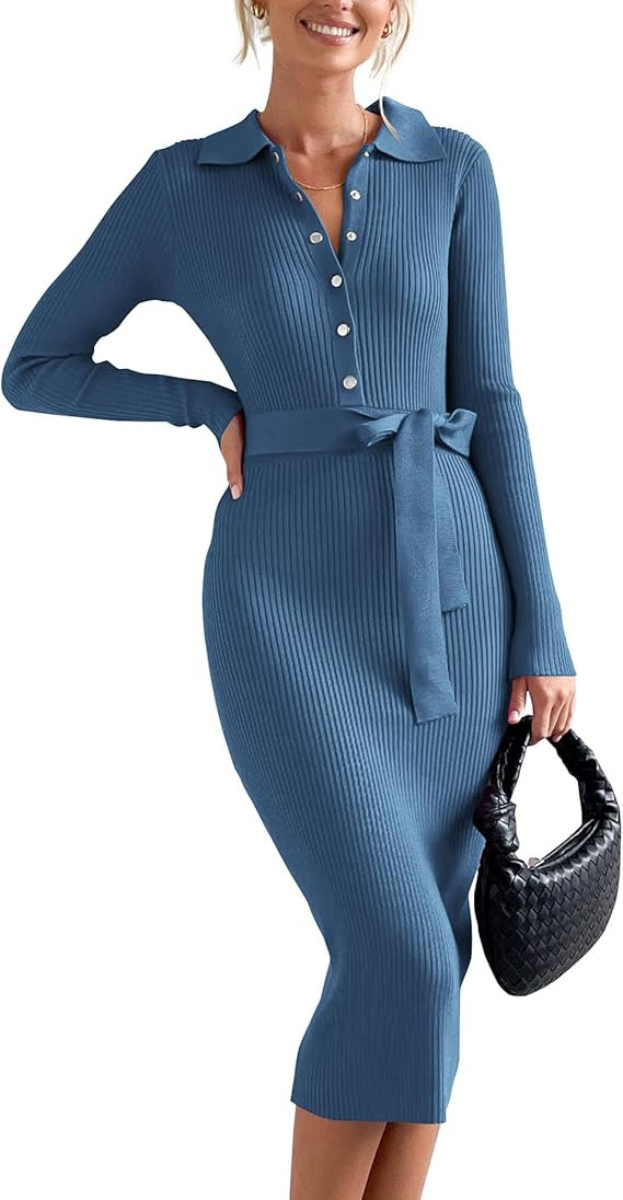 BTFBM 2024 Women V Neck Long Sleeve Bodycon Sweater Dress Button Up Tie Waist Ribbed Knit Midi Pe... | Amazon (US)