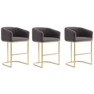 Manhattan Comfort Set of 3 Louvre Upholstered Stainless Steel Counter Height Barstools Gray: Faux Leather, Curved Back, Footrest | Target
