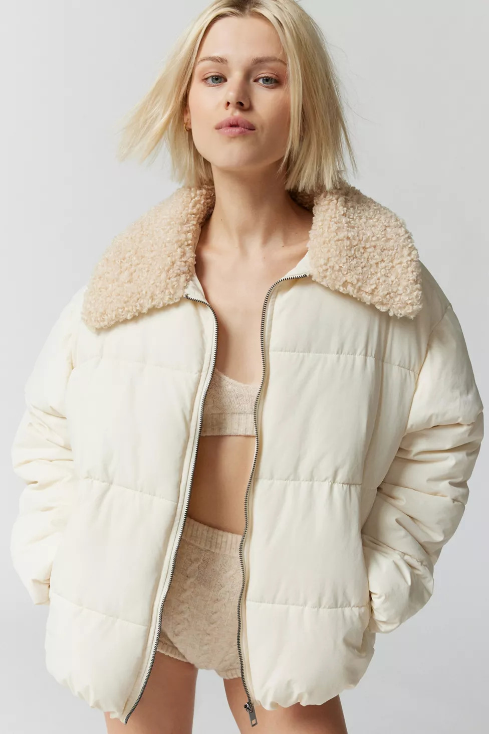 UO Duckie Faux Shearling Collar Puffer Jacket | Urban Outfitters (US and RoW)