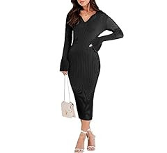 Caracilia Women's Sweater Dress 2023 Fall Long Sleeve V Neck Slim Fit Elegant Ribbed Knit Bodycon... | Amazon (US)