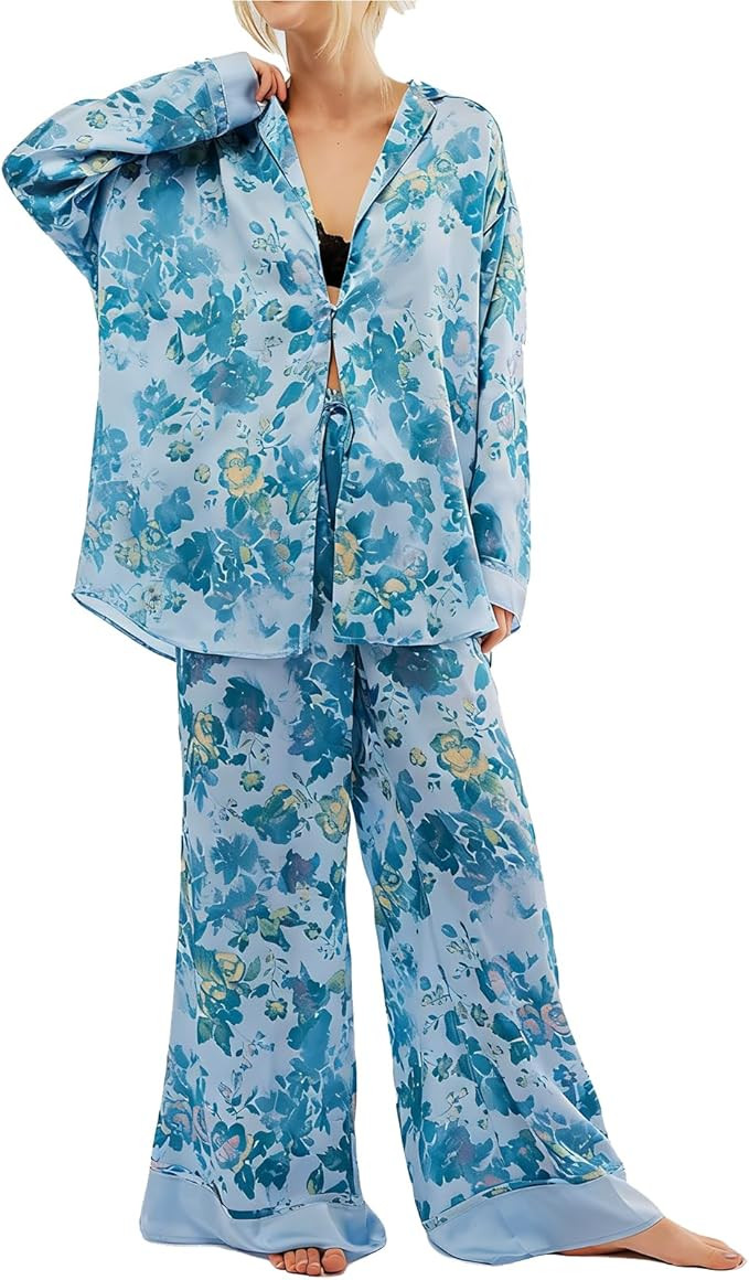 Women Satin Pajama Set Floral Silk Pajamas 2 Piece Lounge Sets Button Down Shirts Wide Leg Pants ... | Amazon (US)