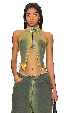 Jaded London Green Denim Buckle Neck Top in Green Wash from Revolve.com | Revolve Clothing (Global)