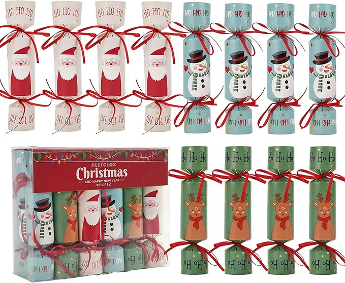 12 Packs Christmas Crackers, Christmas Non-Snap Party Favors with Prizes Hat Joke Little Gifts fo... | Amazon (US)