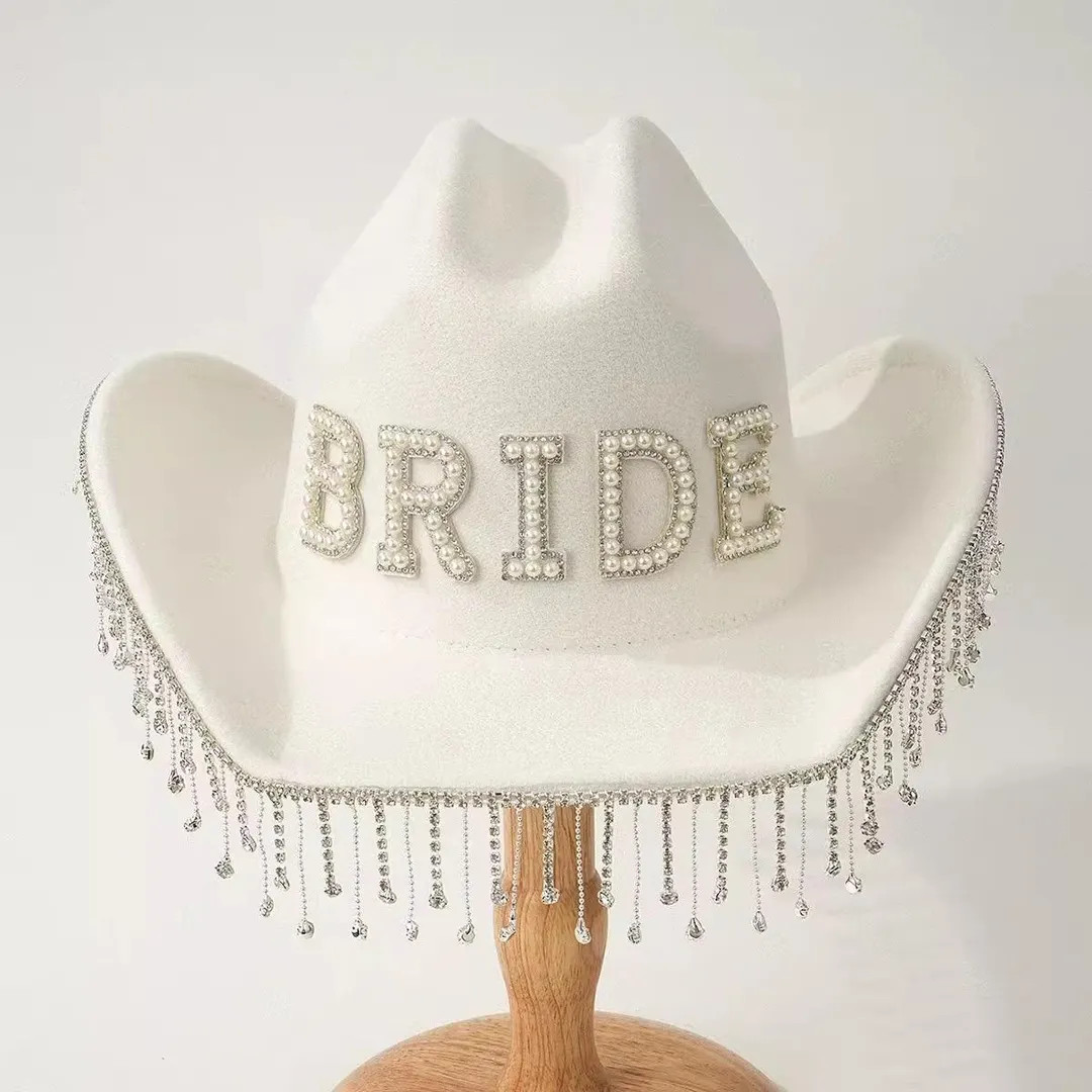 Bride Cowboy Hat with Rhinestone Fringe Pearls: Custom Bachelorette Cowgirl Western Bridal Shower | Etsy (US)