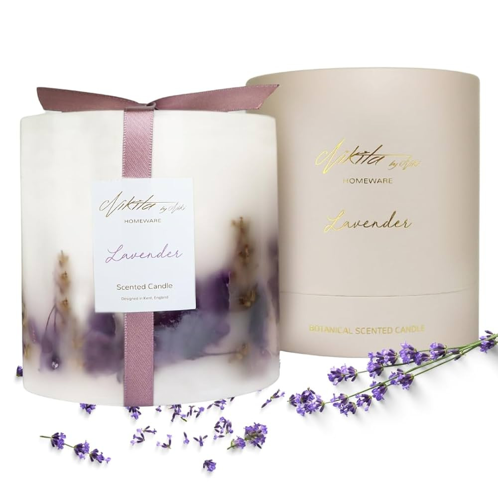 NIKITA Luxury Lavender or Rose Candle - Botanical Pillar Candle - Floral Large Scented Candles - ... | Amazon (UK)