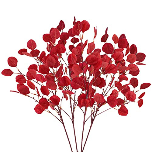 Tepaler 4Pcs Artificial Eucalyptus Leaves Stems 33.8‘’ Eucalyptus Plants Branches Greenery for Home Fireplace Farmhouse Party Wedding Table Bathroom Christmas Décor Red | Amazon (US)