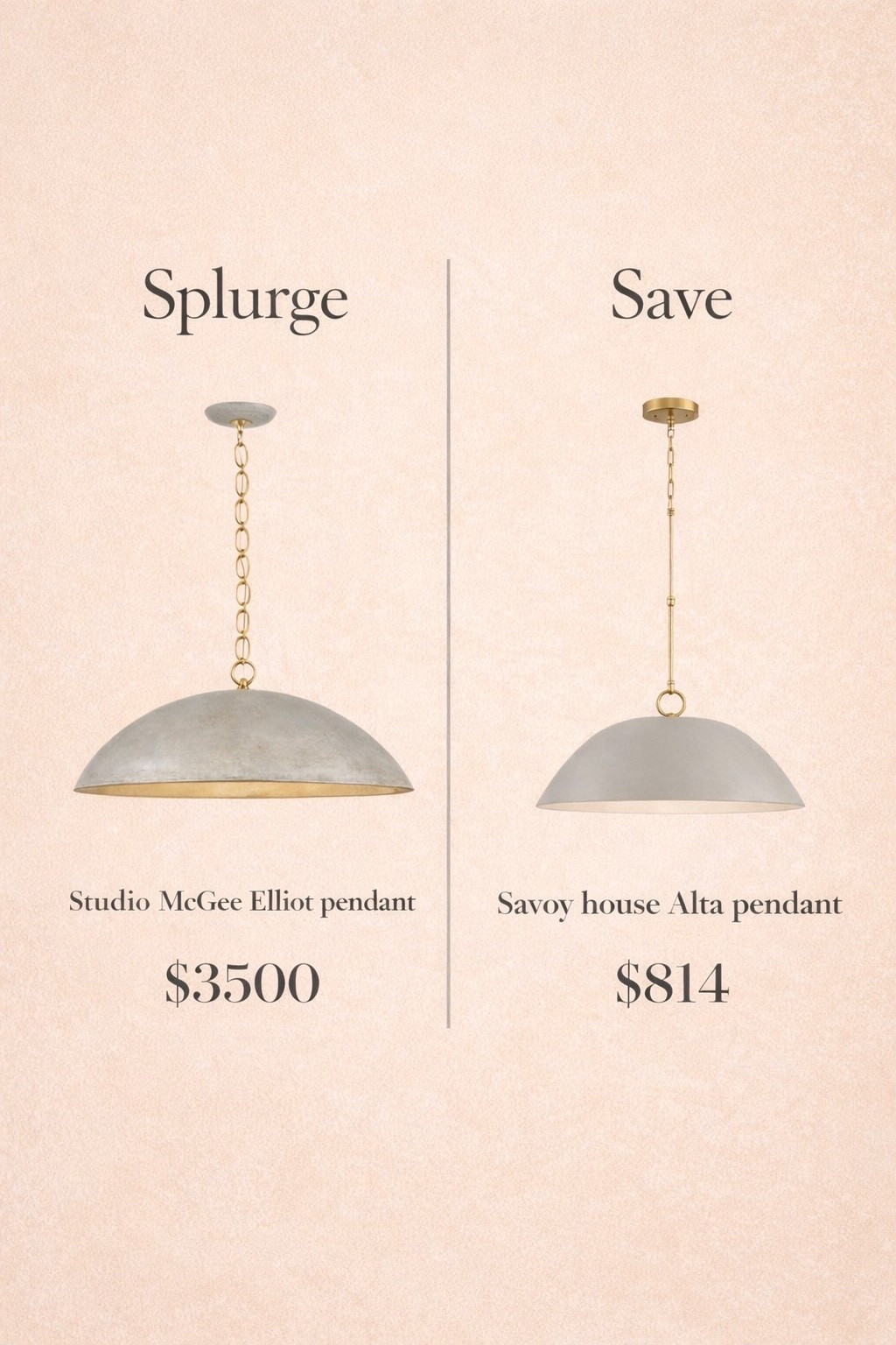 Splurge vs Save ✨

I LOVE the Studio McGee Elliot pendant… but $3,500 per light wasn’t in the cards for our build 😅

I found this Save option that gives the same oversized dome + warm brass look for a fraction of the price 🤎

Linked both so you can decide what works best for your space + budget ✨

#ltkhome #splurgevssave #pendantlighting #modernorganic #newbuildinspo 
Wayfair | studio McGee | Amazon | visual comfort | light fixtures | interior design | home decor | home design | kitchen pendants | neutral home | home finds | 

#LTKHome #LTKmomlife #LTKSpringSale
