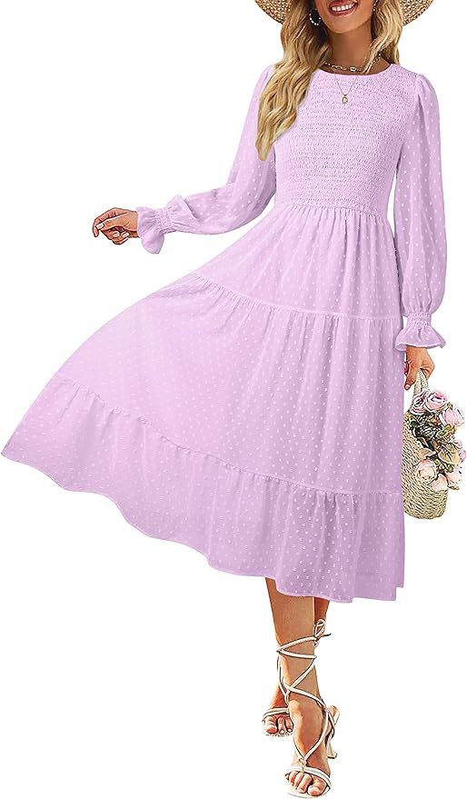 MEROKEETY Women's Casual Long Sleeve Smocked Dress Crewneck Swiss Dot Flowy Tiered Midi Dress | Amazon (US)