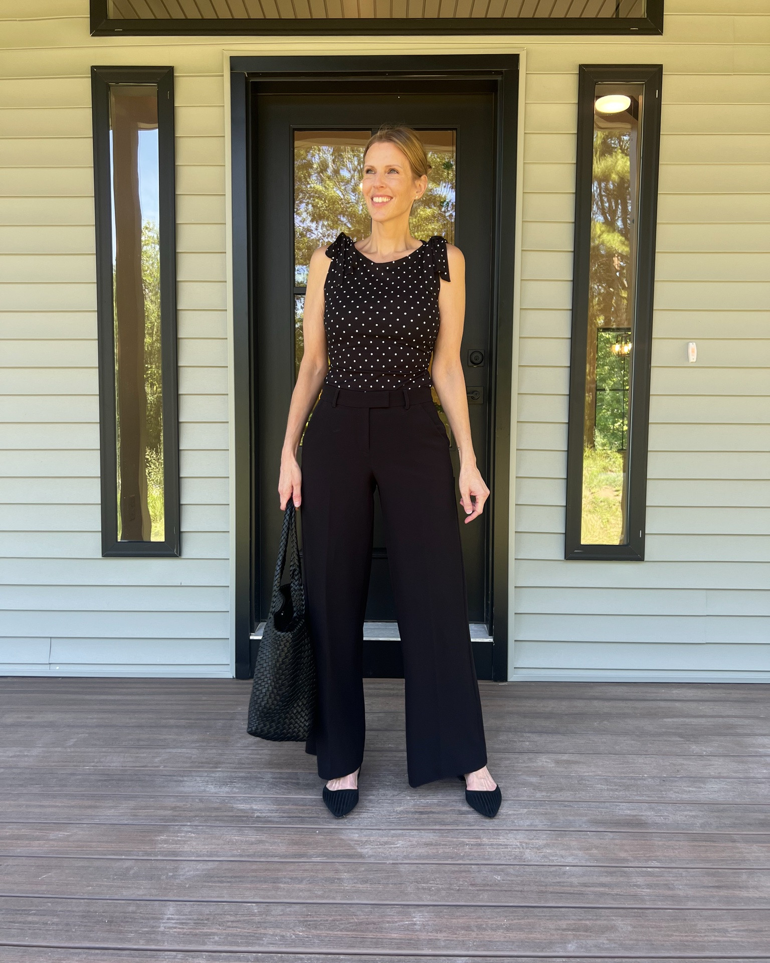 Today’s open house look 🖤🏡 Polka dots + wide-leg pants for an easy work outfit. This Amazon top paired with my EXPRESS wide-leg pants makes such a cute office-to-open-house look. Finished it with this woven Amazon tote. ✨

#LTKootd #LTKOver40