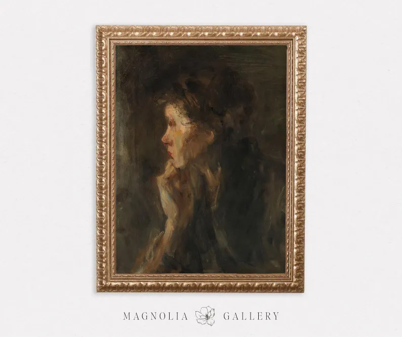 Lost in Thought Portrait | Moody Female Profile | Vintage Oil Painting | Profile Artwork | Neutra... | Etsy (US)