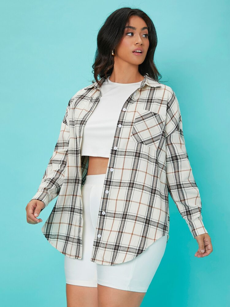 Plus Plaid Patched Pocket Drop Shoulder Blouse | ROMWE