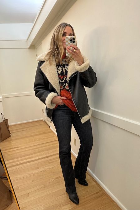Winter ootd! Fair isle sweater with my favorite shearling faux leather moto jacket! The best fitting flare jeans and my favorite black boots! Hudson, Kohls, Mango, Dolce Vita

#LTKstyletip #LTKfindsunder50 #LTKover40