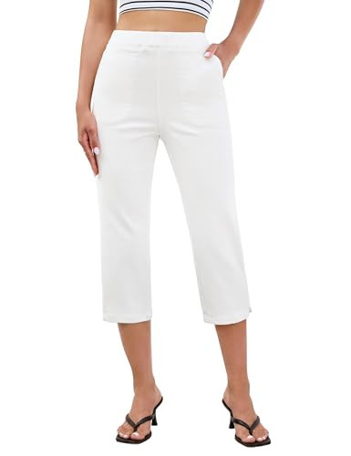 luvamia Capri Pants for Women White Pants High Waisted Jeans for Women Stretchy Denim Capris Womens Pull On Elastic Waist Jeans Cream White Size X-Large Fits US 16-18 | Amazon (US)