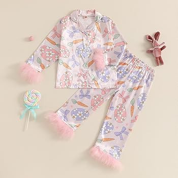 Kids Toddler Girl Easter Pajamas Bunny&Bow Button Down Fuzzy Shirts Pants Little Girls Easter Sat... | Amazon (US)