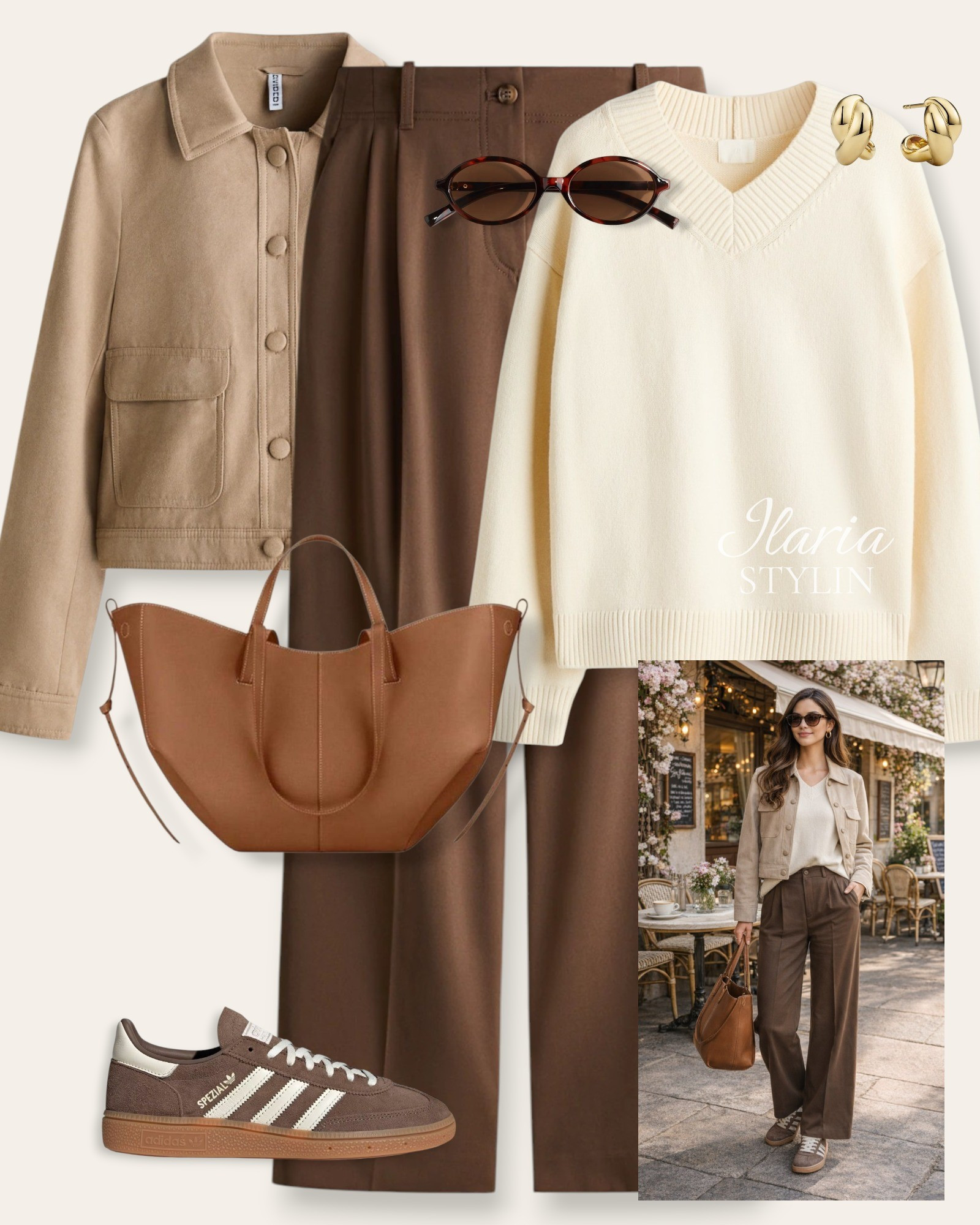 Soft neutrals, warm browns, and effortless layers 🤎The kind of outfit that feels as cozy as it looks—classic, minimal, and timeless from head to toe. ✨outfit ideas, spring outfit, beige jacket, short jacket, suede jacket, cream sweater, v-neck sweater, brown pants, brown sneakers, adidas speziali, camel bag, tote bag, shoulder bag, casual outfit, casual chic outfit

#LTKootd #LTKSeasonal #LTKWorkwear