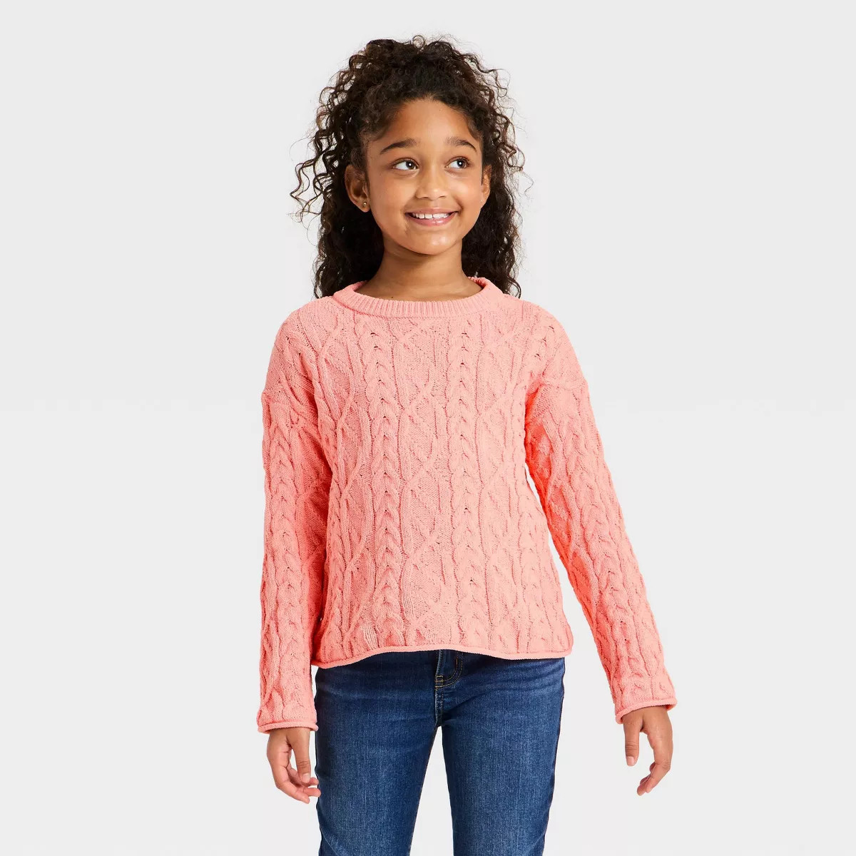 Girls' Cable Knit Pullover Sweater - Cat & Jack™ Peach Pink M | Target