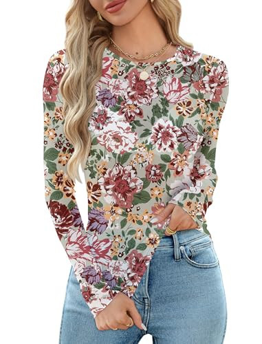 Mesh Long Sleeve Tops for Women Sheer Undershirt Sexy Tops Slim Fitted Lace Shirts Trendy Crewneck Elegant Blouses Outfits Floral Print M | Amazon (US)