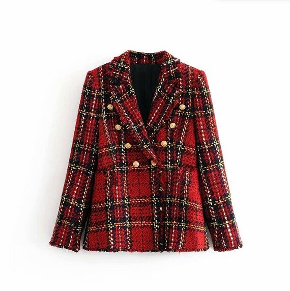 Red Plaid Blazer Women Spring-Autumn Vintage Tweed Suits Jackets Office Ladies Chic Slim Blazers ... | Etsy (US)