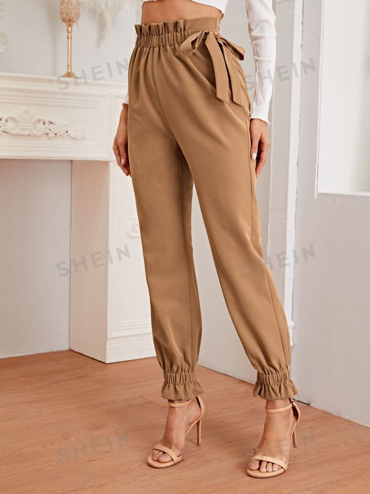 SHEIN Relaxiva Paperbag Waist Knotted Tapered Pants | SHEIN