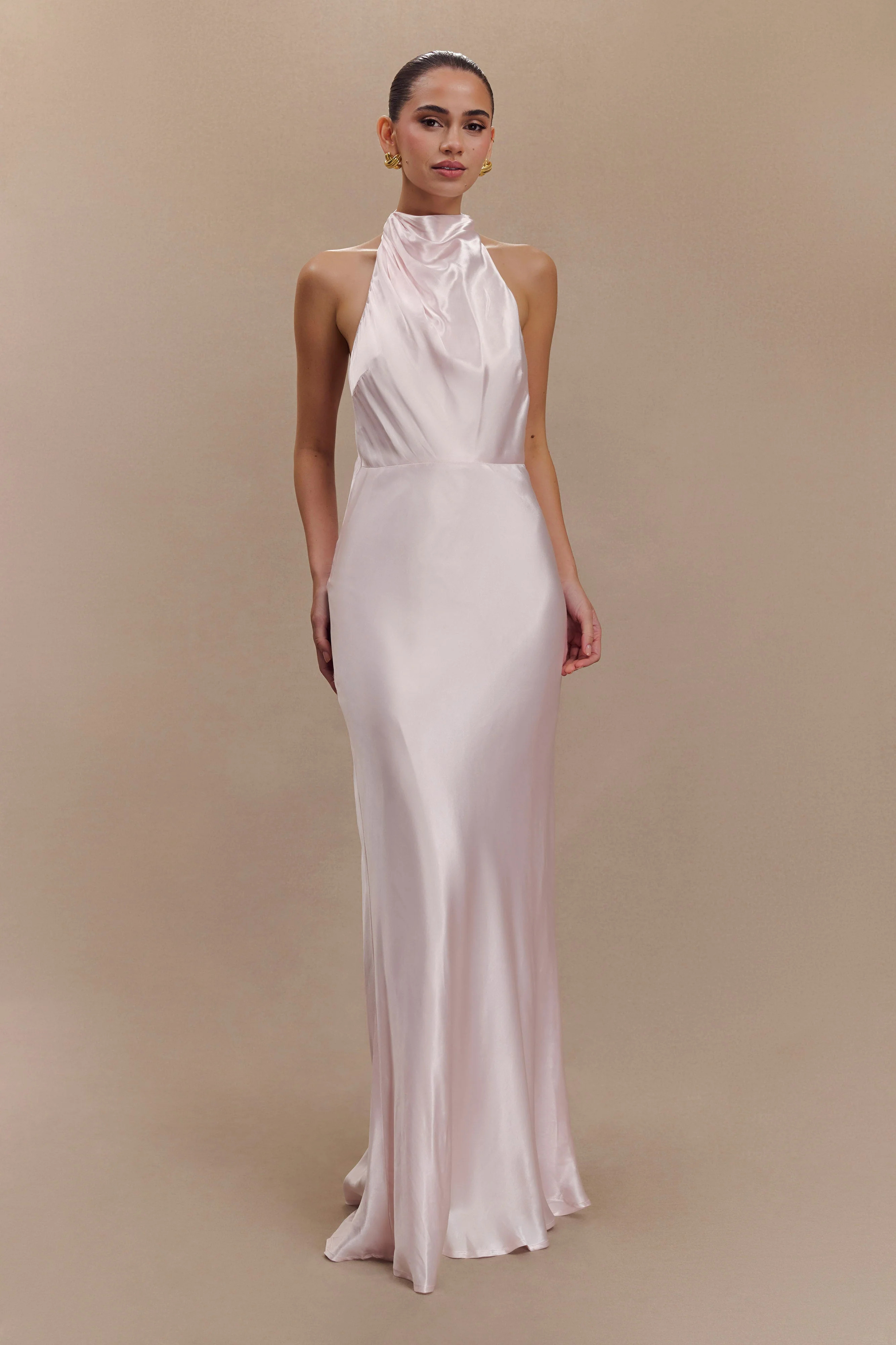 Esther Iridescent Satin Cowl Maxi Dress - Pale Pink | MESHKI US