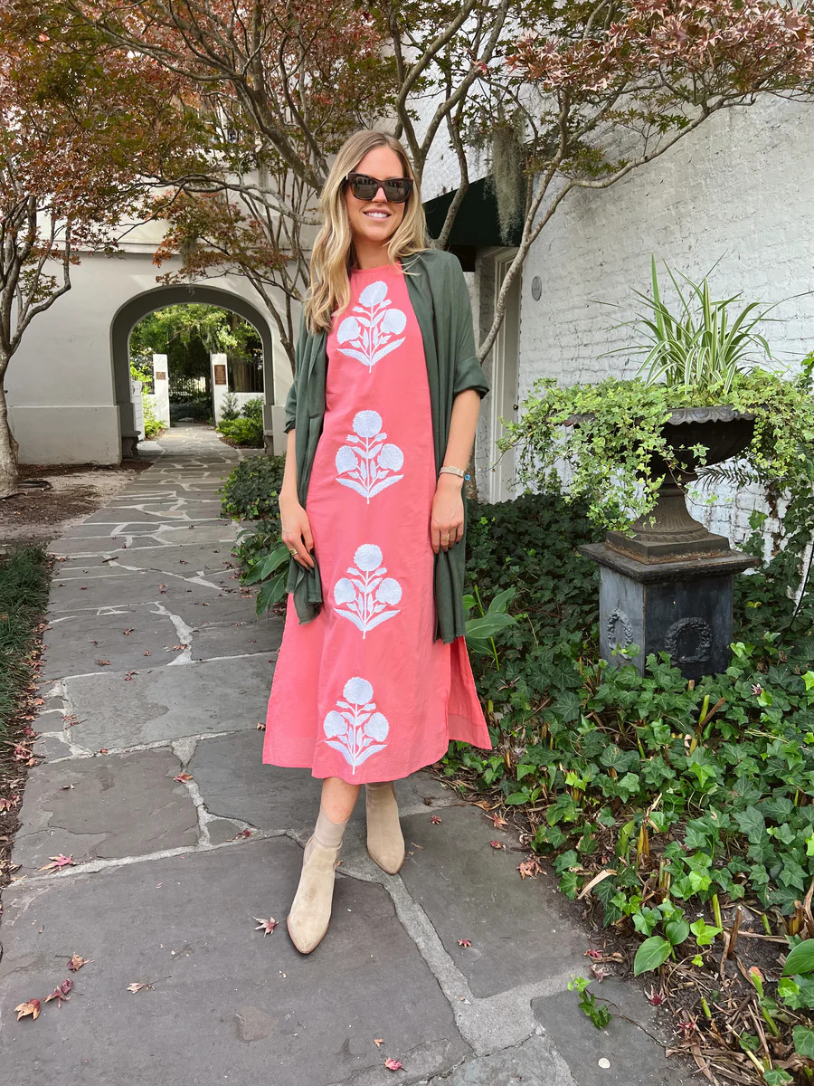 Anne Maxi Dress Pink Coral with White Embroidery | Madison Mathews