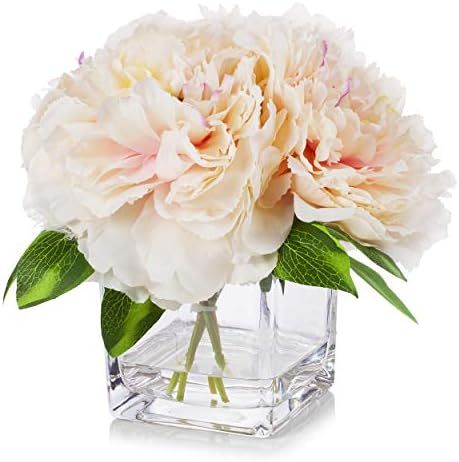 Enova Home Silk Peony Flowers Arrangements in Cube Glass Vase with Faux Water for Home Table Wedding | Amazon (US)