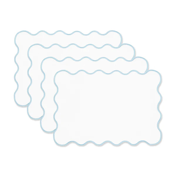 Coastal Indoor Outdoor Scalloped Placemat Set of 4, Solid A, Baby Blue, 14"x19" | Hofdeco