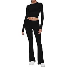 AnotherChill Women's 2 Piece Lounge Sets Fold-over Flare Pants Set Long Sleeve Cropped Top Casual... | Amazon (US)