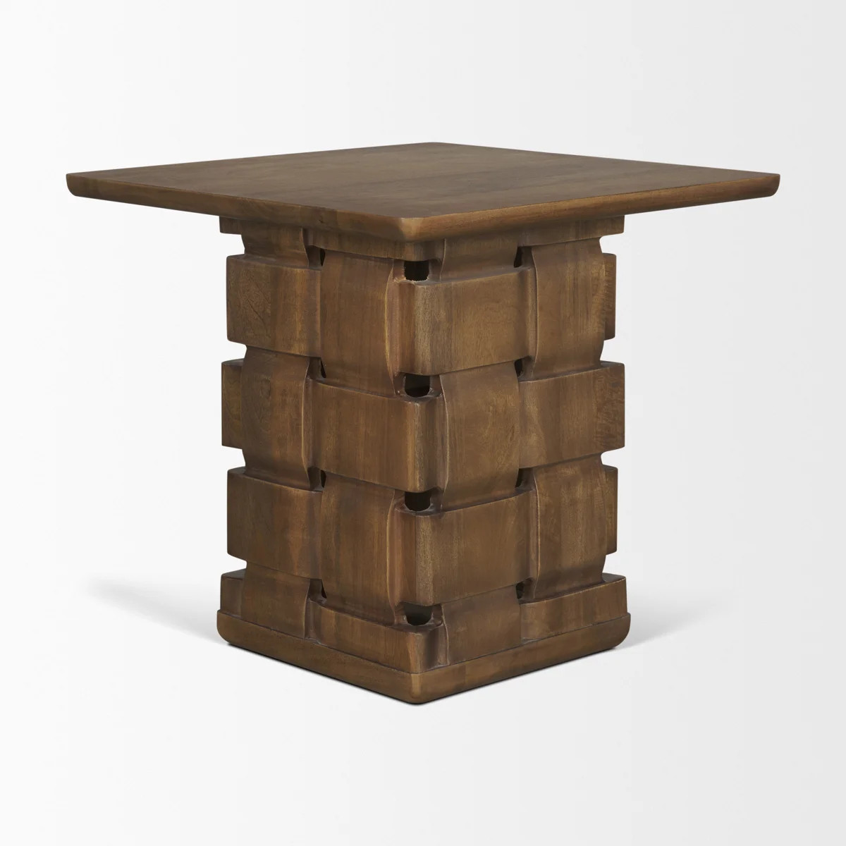 Niya Dark Brown Wood W/ Carved Woven Base Square Accent Table | Wayfair North America