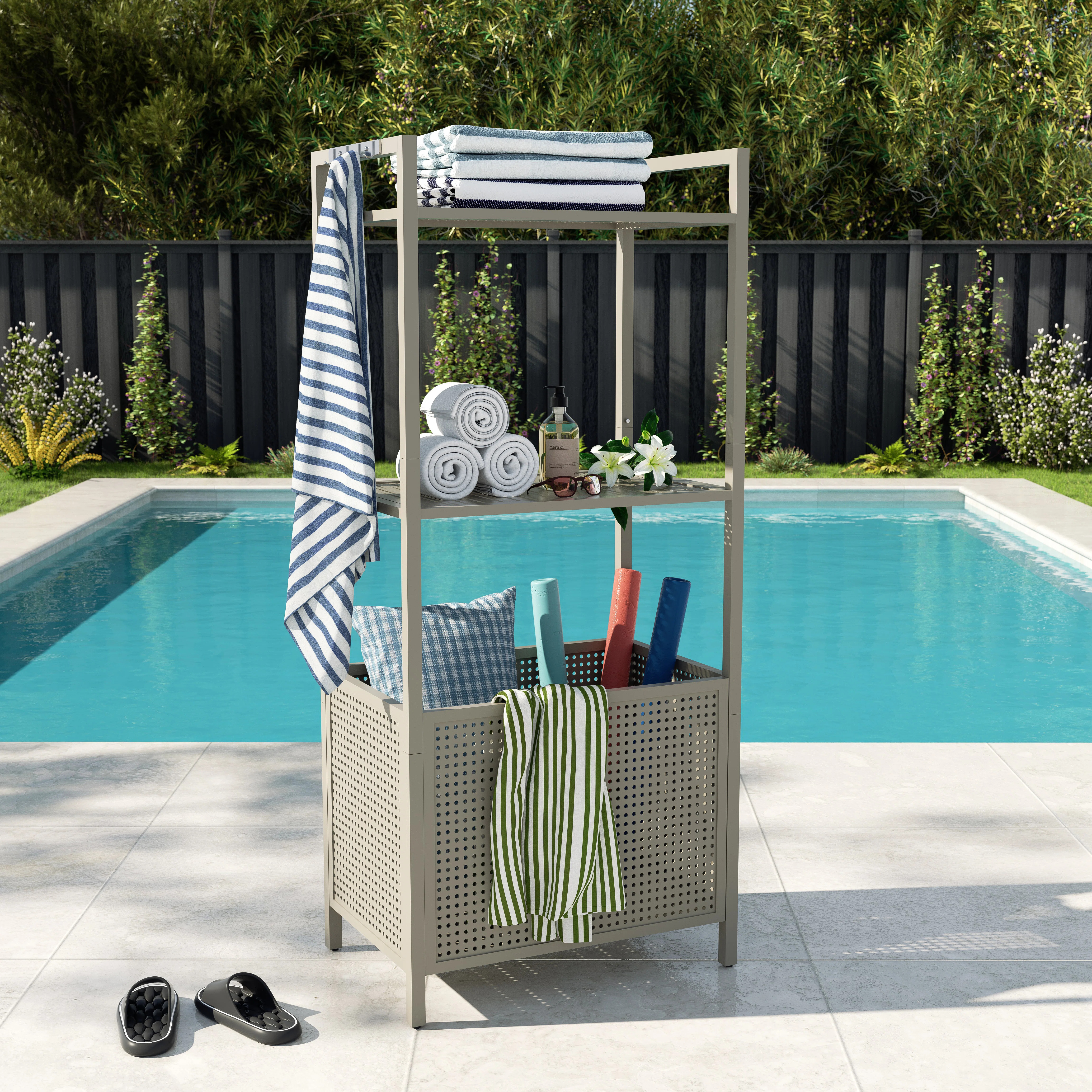 3-tier Storage Rack Metal Shelf With Hooks And Basket, Pool Float Caddy, Rust-resistant Organizer... | Wayfair North America