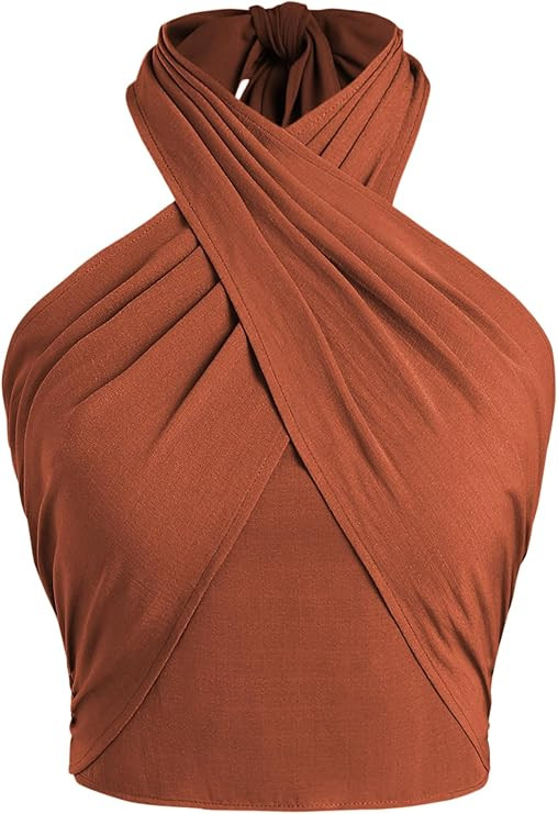 CIDER Cross Halter Shirred Back Crop Top | Amazon (US)