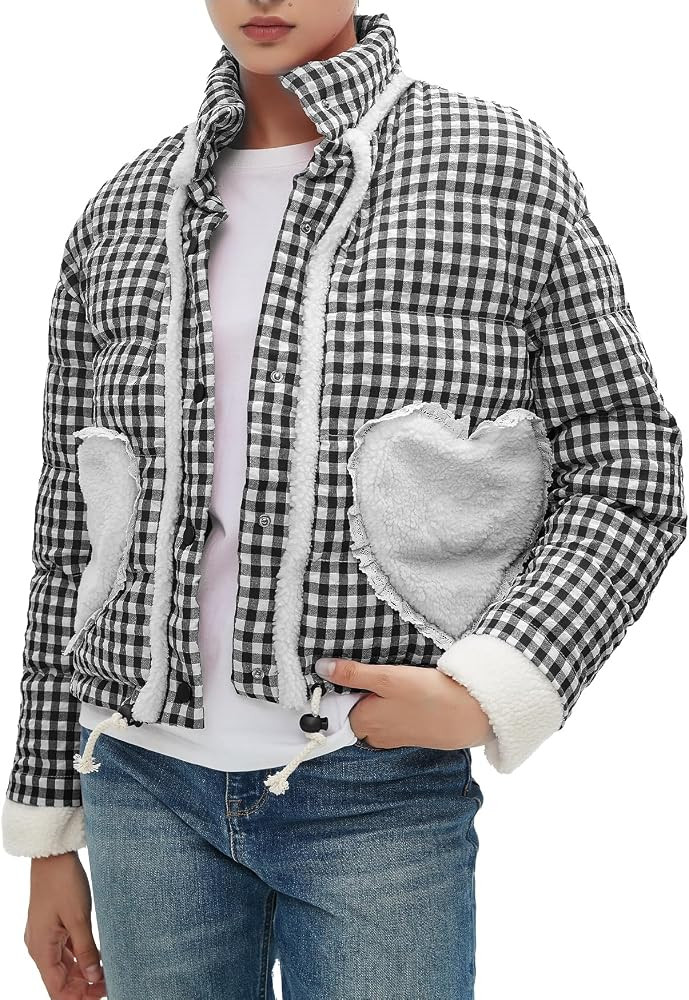 Womens Cropped Puffer Jacket Winter Gingham Plaid Button Down Long Sleeve Padded Coat with Heart ... | Amazon (US)