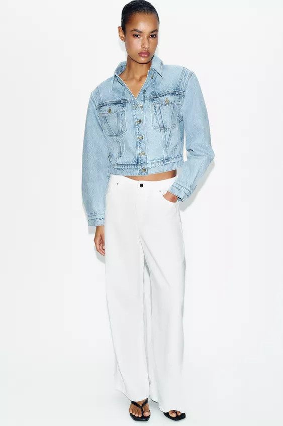 Z1975 CROPPED DENIM JACKET WITH SHOULDER PADS | Zara US