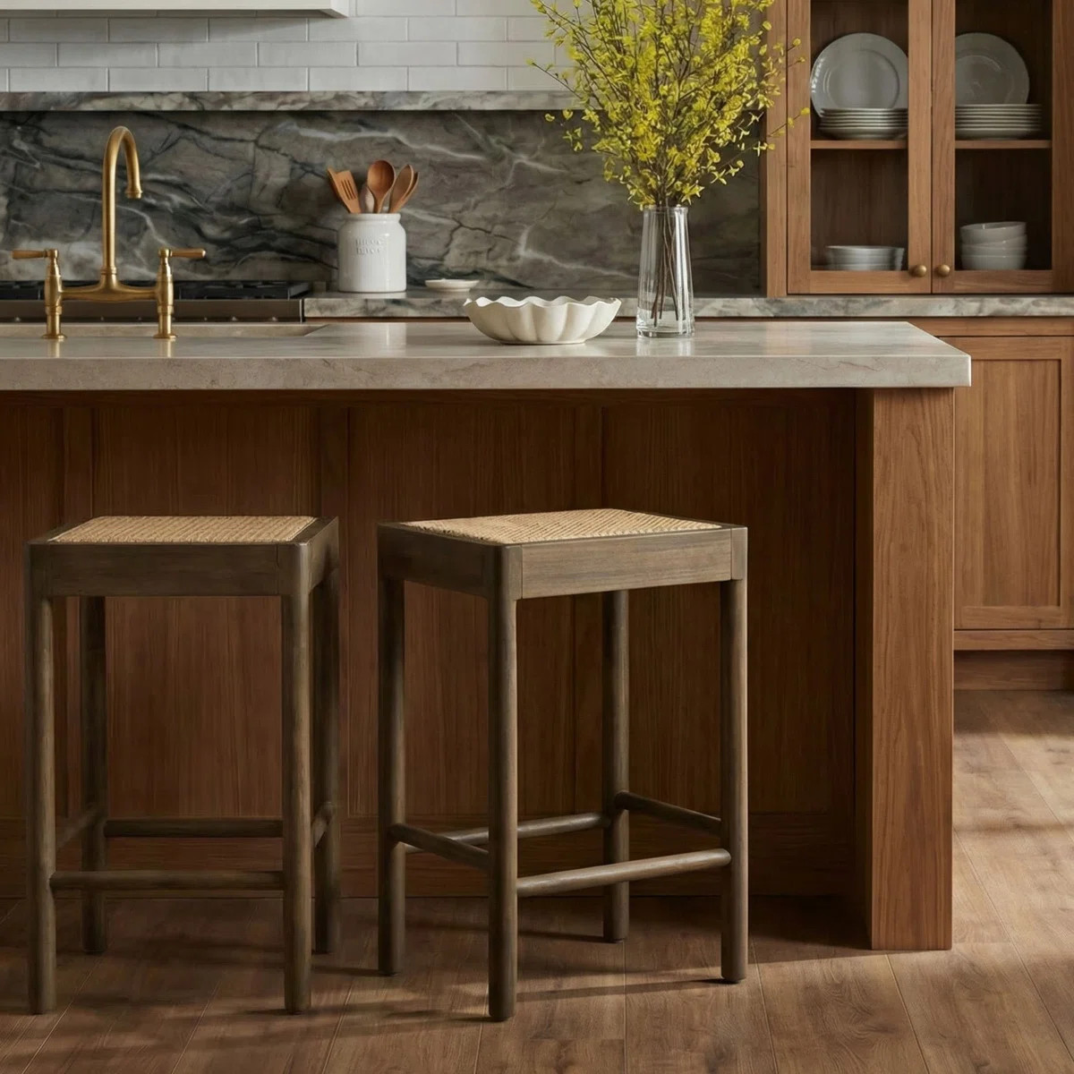 Victor Backless Solid Wood Counterstool With Rattan Woven Cane Seat, Medium Brown (Set of 2) | Wayfair North America