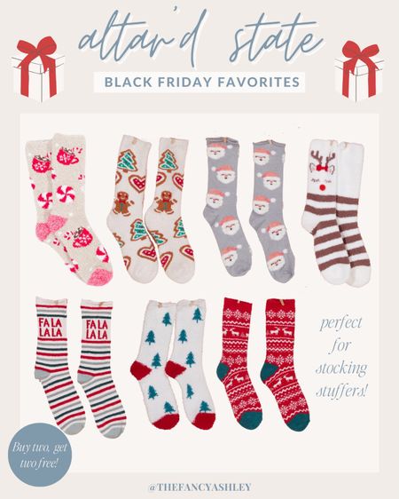 Altar’d State Black Friday faves. These holiday socks are prefect for stocking stuffers and buy two, get two free! 

#LTKGiftGuide #LTKHoliday #LTKsalealert